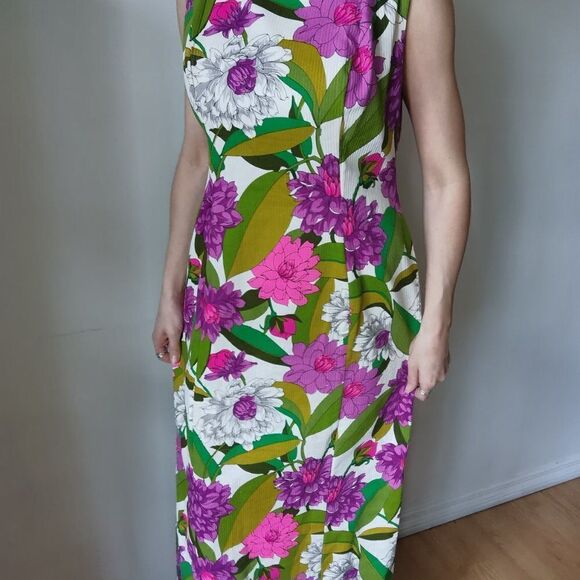 Vibrant Floral Slit Side Tropical Print Vintage Maxi Dress 70s 60s Vintage Peony - Picture 2 of 10